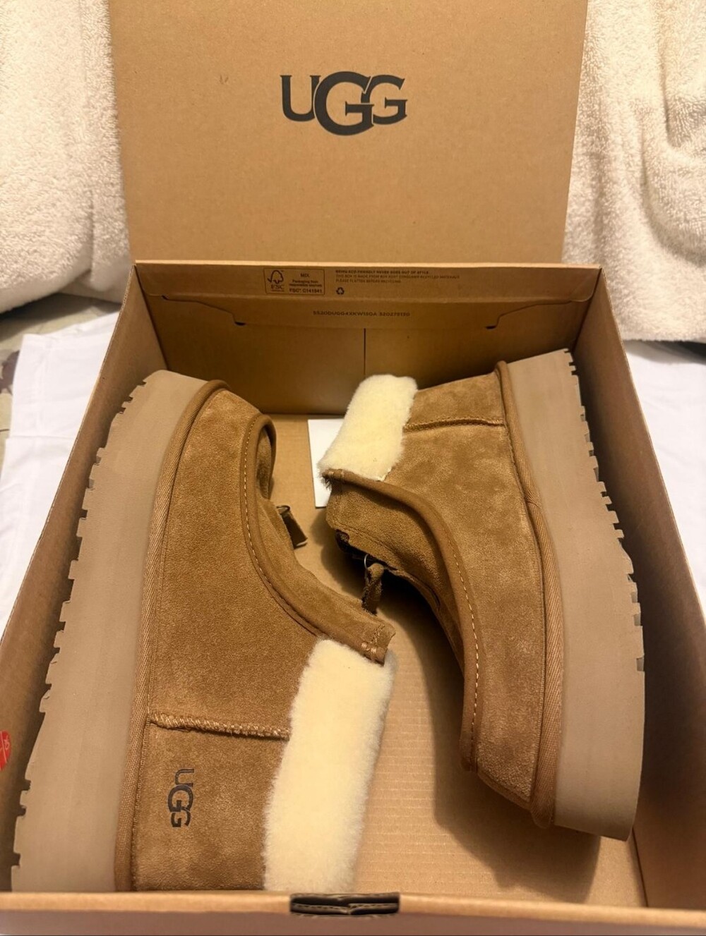 UGG Women's Funkette Chestnut Suede Shearling-Lined Platform Clog